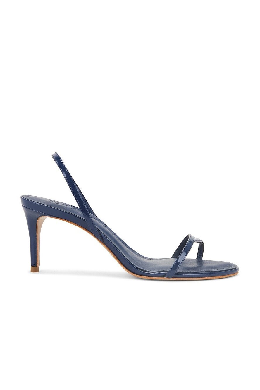 Schutz Diana Mid Sandal in Infinite Blue patent leather kitten heel strappy